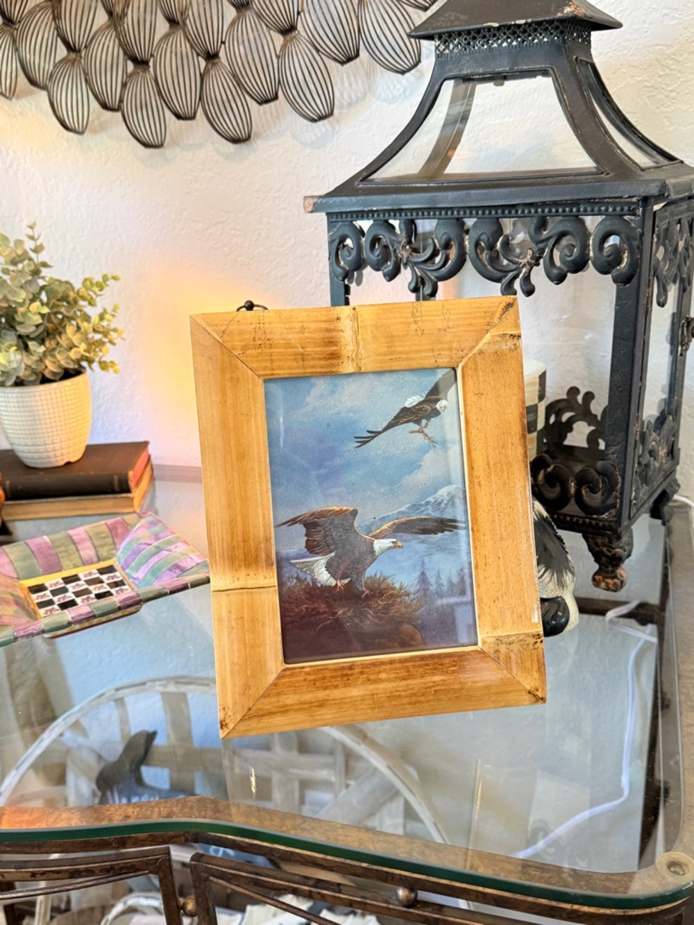 Vintage Bamboo Wood Frame with Metallic Eagle Art